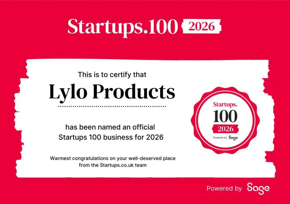 digital image from startups.100 2026 certifying that Lylo Products has been named an official winner