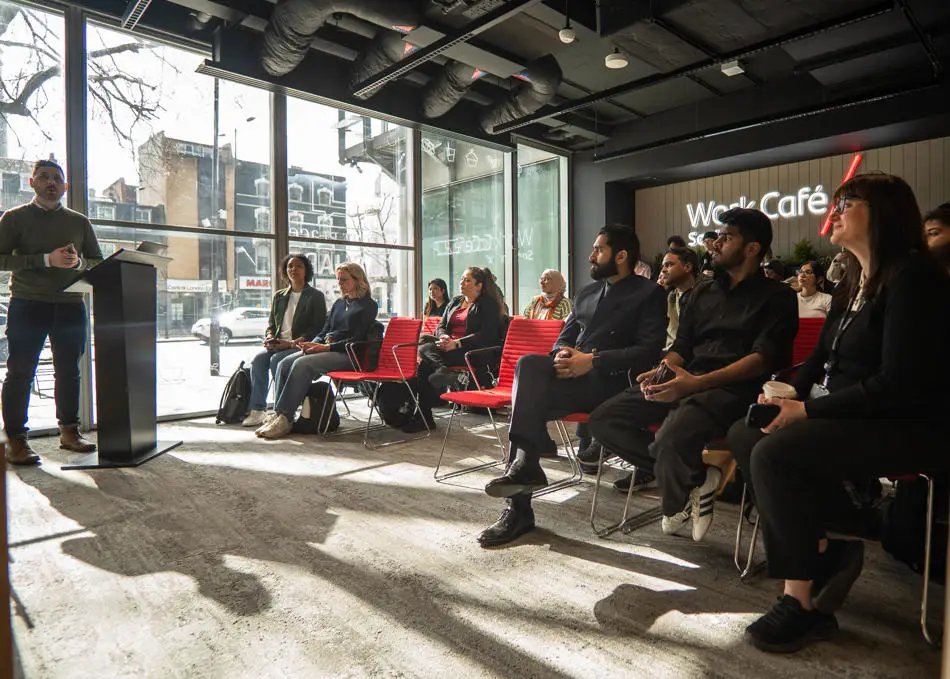 Remy Founcher, speaking to Brunel students at Santander Work Cafe London 