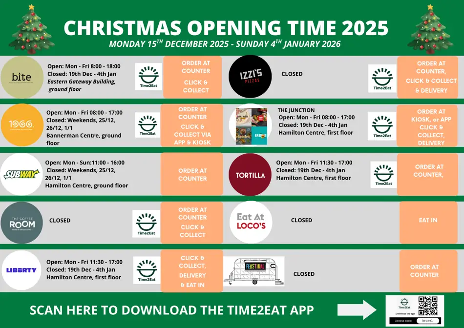 Christmas opening hours for food outlets