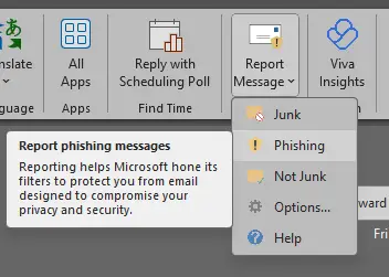 Screenshot showing how to report a spam email